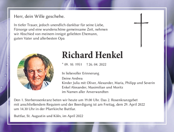 Traueranzeige von Richard Henkel von Südthüringer Presse