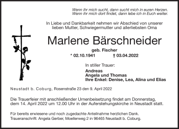 Traueranzeige von Marlene Bärschneider von Neue Presse Coburg