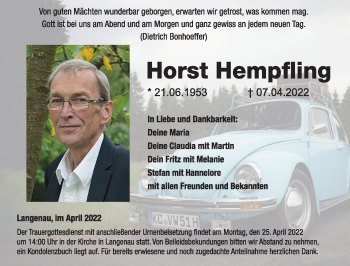 Traueranzeige von Horst Hempfling von Neue Presse Coburg
