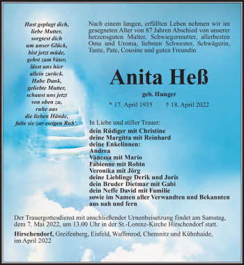 Traueranzeige von Anita Heß von Südthüringer Presse