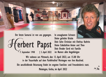 Traueranzeige von Herbert Papst von Südthüringer Presse