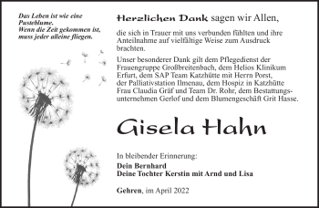 Traueranzeige von Gisela Hahn von Südthüringer Presse