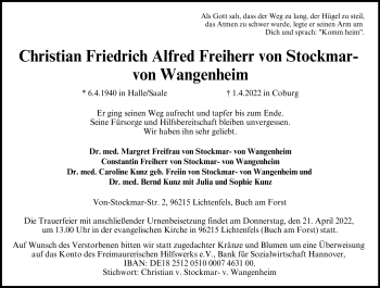 Traueranzeige von Christian Freiherr von Stockmar von Wangenheim von Neue Presse Coburg