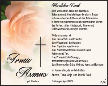 Traueranzeige von Irma Asmus von Südthüringer Presse