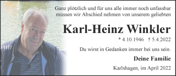 Traueranzeige von Karl-Heinz Winkler von Südthüringer Presse