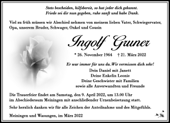 Traueranzeige von Ingolf Gruner von Südthüringer Presse