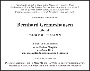 Traueranzeige von Bernhard Germeshausen von Südthüringer Presse