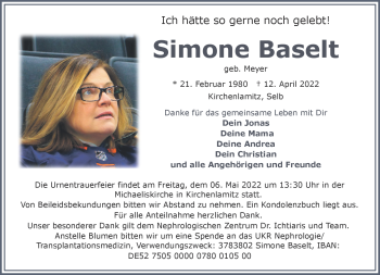 Traueranzeige von Simone Baselt von Frankenpost