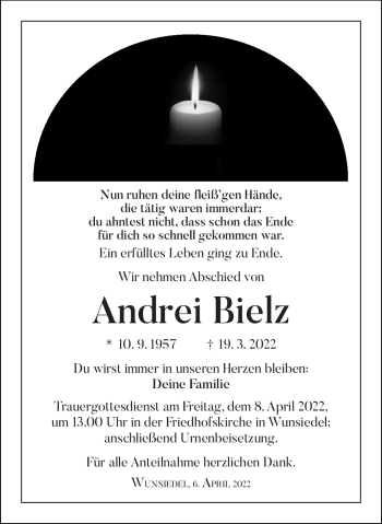 Traueranzeige von Andrej Bielz von Frankenpost