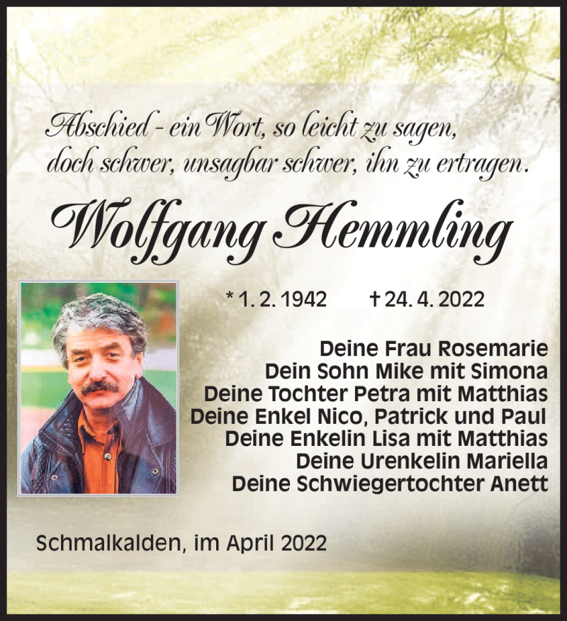  Traueranzeige für Wolfgang Hemmling vom 29.04.2022 aus Südthüringer Presse