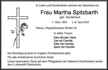 Traueranzeige von Martha Spitzbarth von Frankenpost