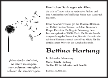 Traueranzeige von Bettina Hartung von Südthüringer Presse