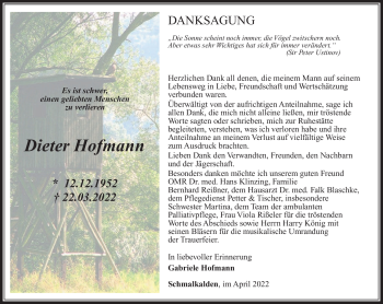 Traueranzeige von Dieter Hofmann von Südthüringer Presse