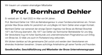 Traueranzeige von Prof. Bernhard Dehler von Neue Presse Coburg