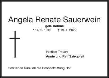 Traueranzeige von Angela Renate Sauerwein von Frankenpost