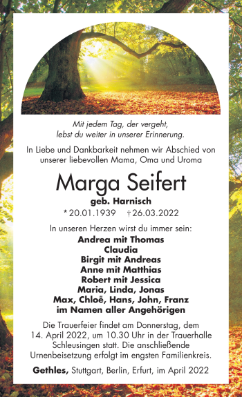 Traueranzeige von Marga Seifert von Südthüringer Presse