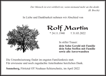 Traueranzeige von Rolf Martin von Südthüringer Presse