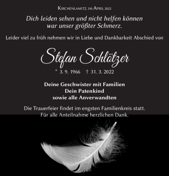 Traueranzeige von Stefan Schlötzer von Frankenpost