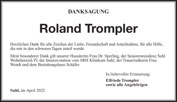 Traueranzeige von Roland Trompler von Südthüringer Presse
