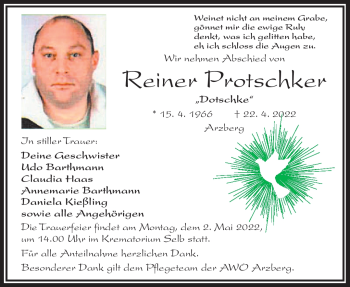 Traueranzeige von Reiner Protschker von Frankenpost