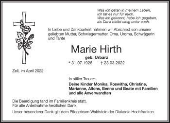 Traueranzeige von Marie Hirth von Frankenpost