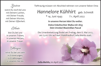 Traueranzeige von Hannelore Kühhirt von Südthüringer Presse