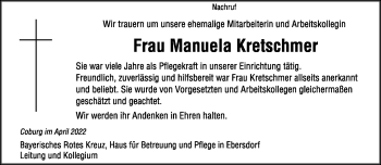 Traueranzeige von Manuela Kretschmer von Neue Presse Coburg