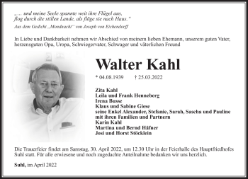 Traueranzeige von Walter Kahl von Südthüringer Presse