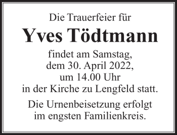 Traueranzeige von Yves Tödtmann von Südthüringer Presse
