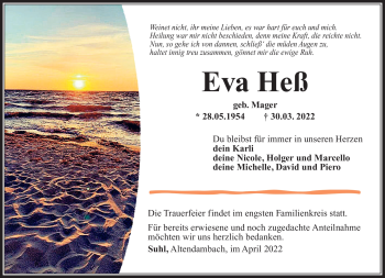 Traueranzeige von Eva Heß von Südthüringer Presse