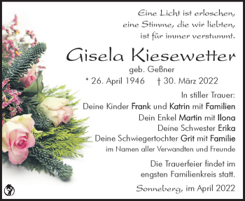 Traueranzeige von Gisela Kiesewetter von Südthüringer Presse