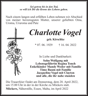 Traueranzeige von Charlotte Vogel von Südthüringer Presse