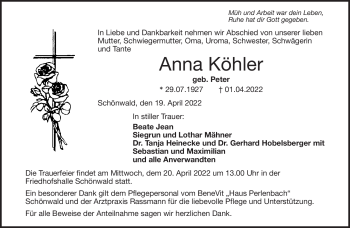 Traueranzeige von Anna Köhler von Frankenpost