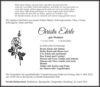 Traueranzeige von Christa Ehrle von Südthüringer Presse