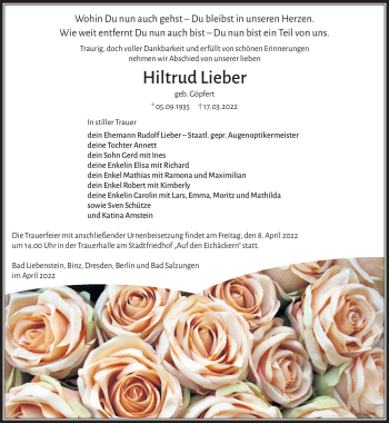 Traueranzeige von Hiltrud Lieber von Südthüringer Presse
