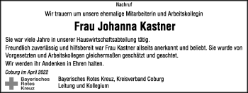 Traueranzeige von Johanna Kastner von Neue Presse Coburg