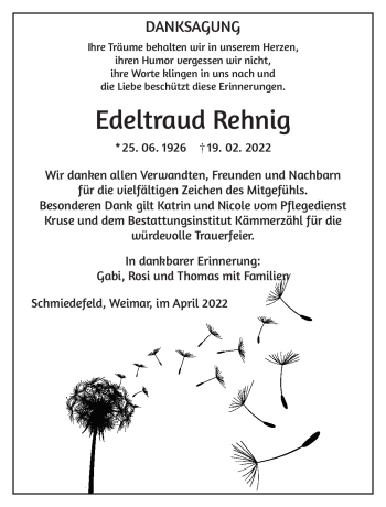 Traueranzeige von Edeltraud Rehnig von Südthüringer Presse