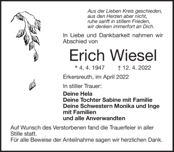 Traueranzeige von Erich Wiesel von Frankenpost