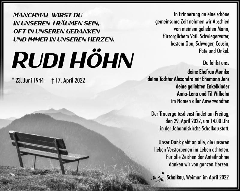  Traueranzeige für Rudi Höhn vom 23.04.2022 aus Südthüringer Presse
