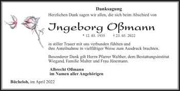 Traueranzeige von Ingeborg Oßmann von Südthüringer Presse