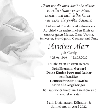 Traueranzeige von Anneliese Marr von Südthüringer Presse