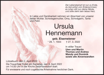 Traueranzeige von Ursula Hennemann von Neue Presse Coburg