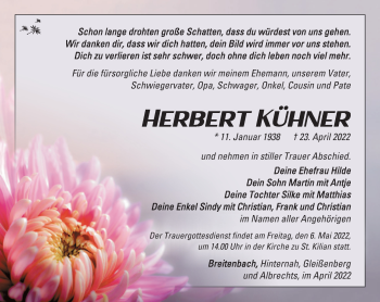 Traueranzeige von Herbert Kühner von Südthüringer Presse