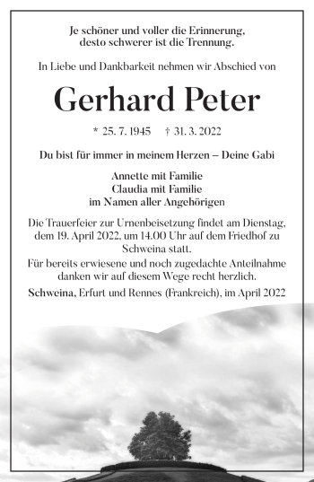 Traueranzeige von Gerhard Peter von Südthüringer Presse