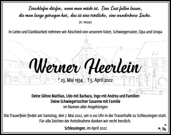 Traueranzeige von Werner Heerlein von Südthüringer Presse