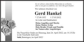 Traueranzeige von Gerd Hankel von Südthüringer Presse