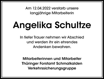 Traueranzeige von Angelika Schultze von Südthüringer Presse