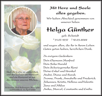 Traueranzeige von Helga Günther von Südthüringer Presse