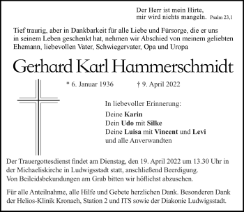 Traueranzeige von Gerhard Karl Hammerschmidt von Neue Presse Coburg