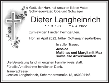Traueranzeige von Dieter Langheinrich von Frankenpost
